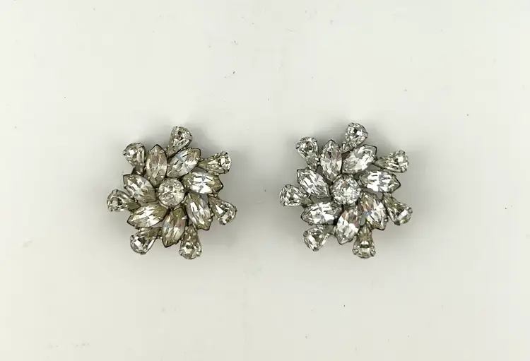 Vintage Silver Tone B. David Rhinestone Clip-on Earrings 1”