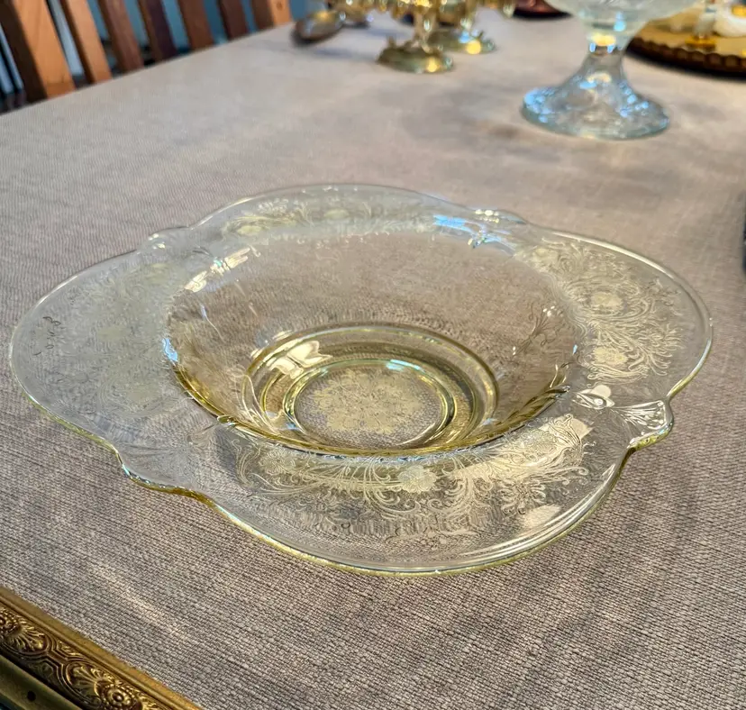 Yellow Lacy Filigree Depression Glass Console Bowl