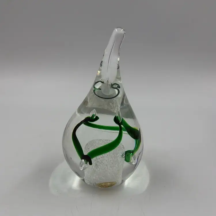 Vintage Clear And Green Art Glass Tear Drop Paperweight Made In Poland Signed AJ. Adam Jablonski