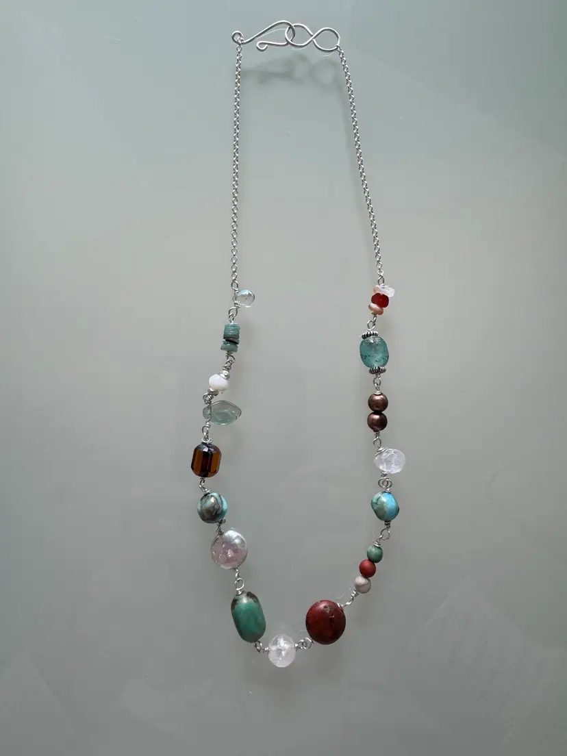 #25 Southwestern Color Gemstone Beaded Sterling Silver Necklace One Of Kind Turquoise Roman Glass Jasper Pearl And Crystals Copper 17”