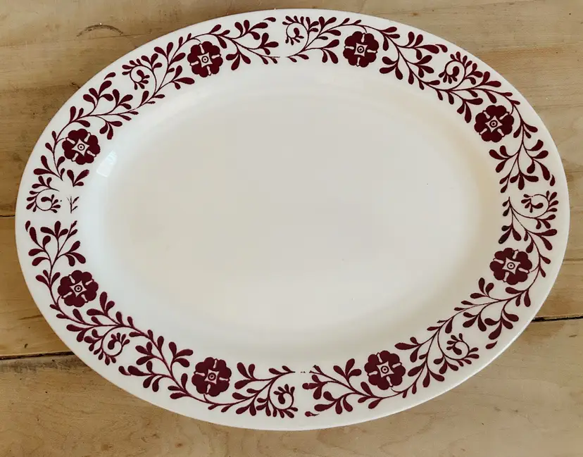 Homer Laughlin Brittany Maroon Red Floral Pattern Restaurant Ware Oval Plate