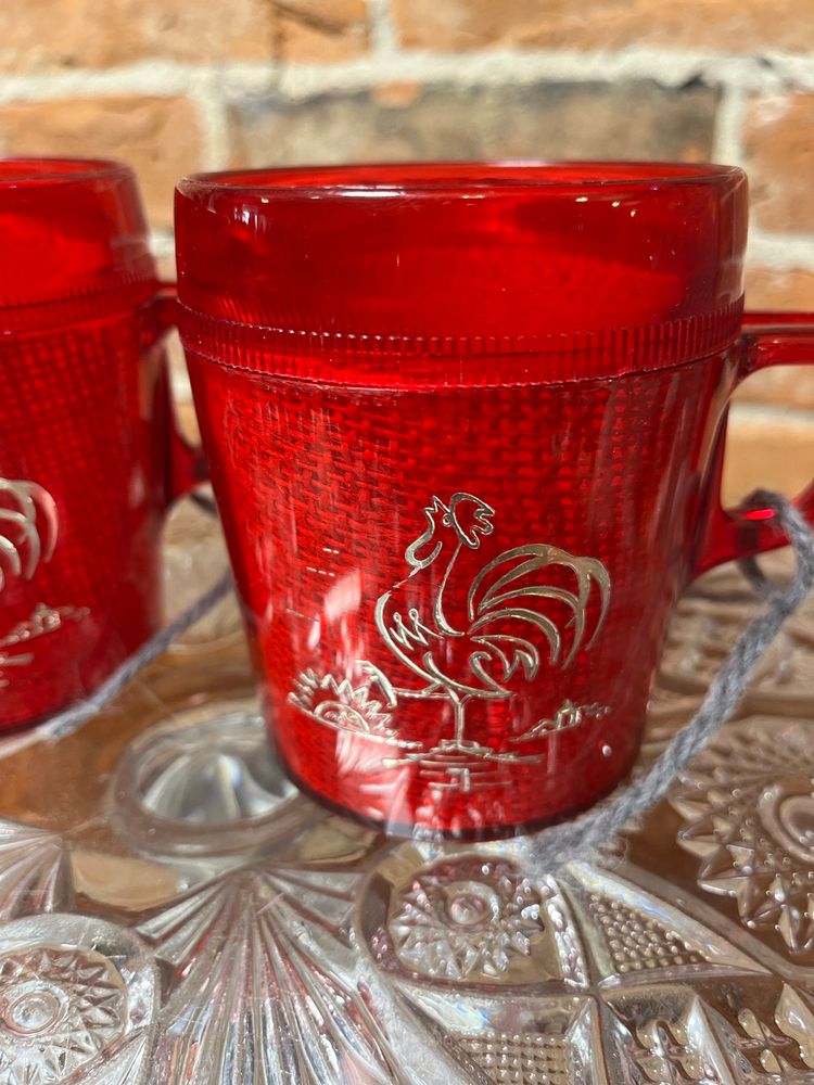 Vintage Insulated Coffee Cups, Red With Roosters