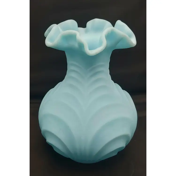 FENTON Blue Custard Satin Glass Drapery Pattern Vase Fluted Rim Large
