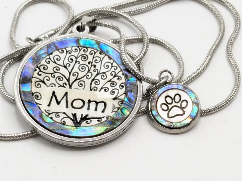 Mom Pendant with Cat/Dog Paw Charm Silver Tone Necklace