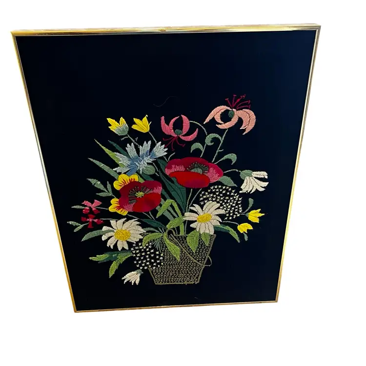 VTG MCM Needlepoint Crewel Embroidery Flowers Basket 24" x 29”Wall Art Floral Dark & Moody Decor