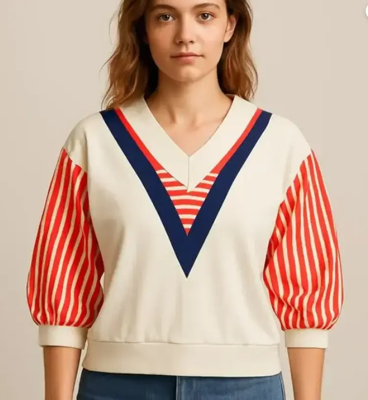 Vintage 80s Tops’n Tops Miami Red Stripe V-Neck Blouse Size 12 Made in USA