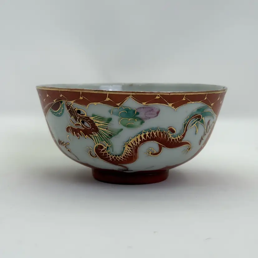 Japanese Kutani Dragon Phoenix Bowl – Vintage 1970s Porcelain – Gilt Iron Red Enamel – Small Mythical Art Collectible – Japan Marked (0210-25)