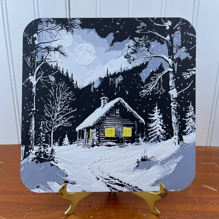 Winter Cabin Wall Art, Wall Art, Cabin in the Snow, Hueforge Art Print, Textured Art