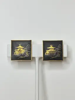 Damascene Gold Black Screw Back Earrings Signed Amita Japan