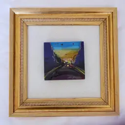 Art Glass Abstract Framed LIGHTS IN THE DISTANCE  Signed Alice ... + inscription on backside