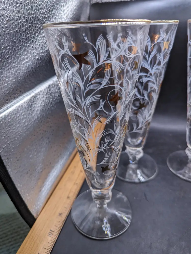 Vintage Libby Pilsner Glasses Royal Fern Mid Century Barware Silver/Gold Set Of 4.