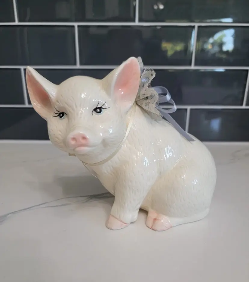 Vintage Porcelain Piglet With Floral Bow - Piggy Bank