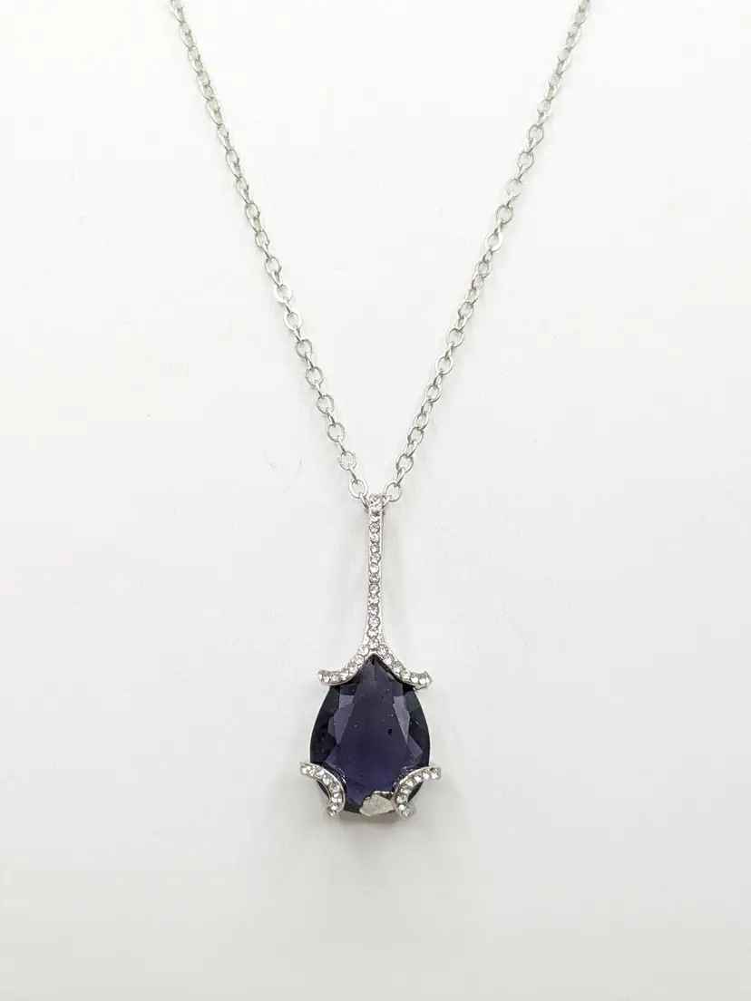 Amethyst Color Teardrop Pendant with Rhinestones Necklace Silver Tone