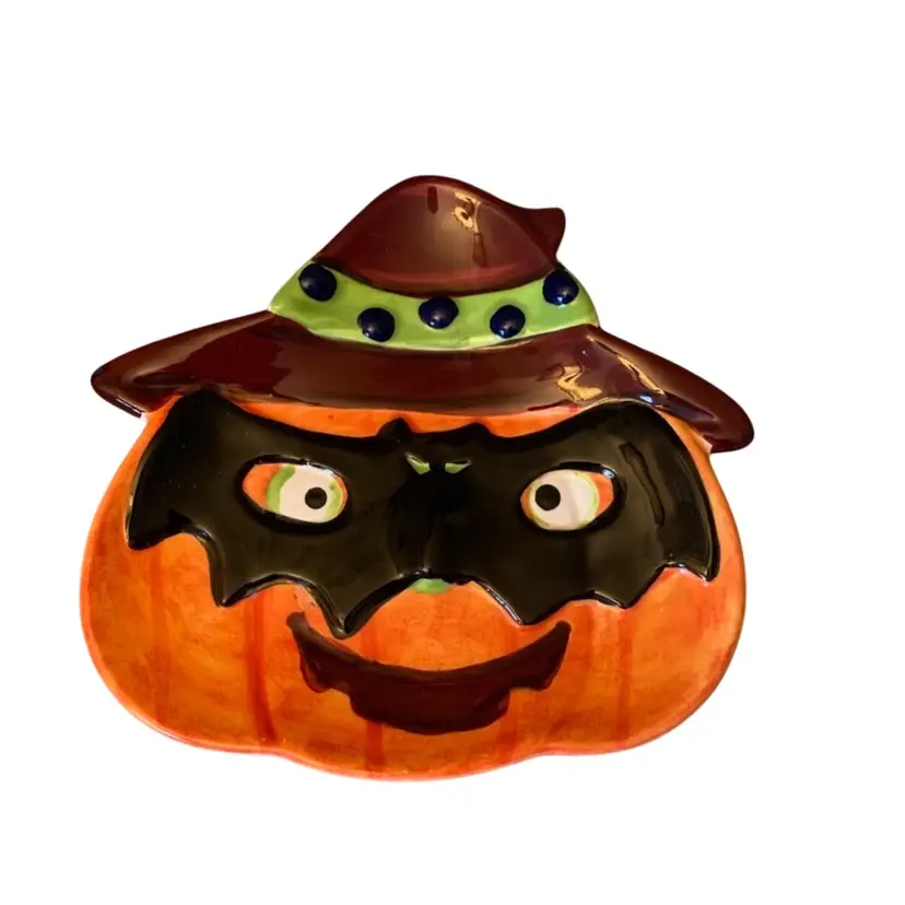 Pumpkin With Bat Mask Trinket Dish 7 1/2 X 7 X 3/4 Inches