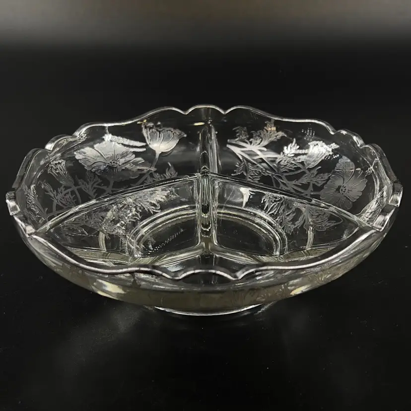 Vintage 3 Section Condiment Server
Silver Overlay Candy Dish  
By Cambridge Glass 1940s
Flanders Poppies Pattern
