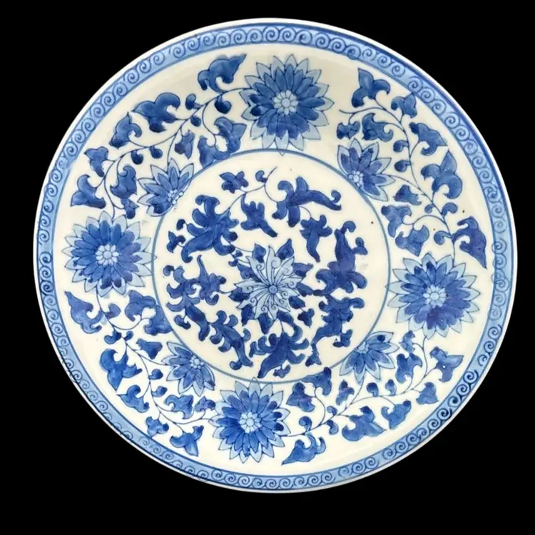 Vintage Chinese Blue & White Porcelain Plate – Kangxi Mark, Lotus Scroll Design, Collectible