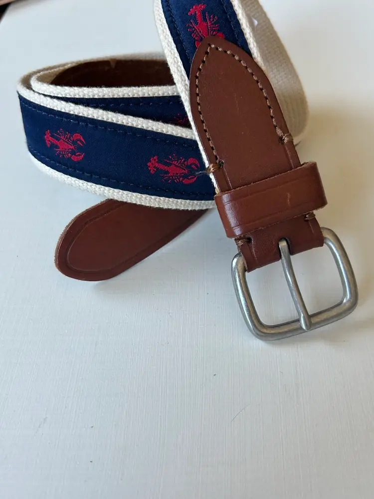 J. Crew Men’s Belt Red Lobster Blue Ribbon Woven Canvas Brown Leather 32