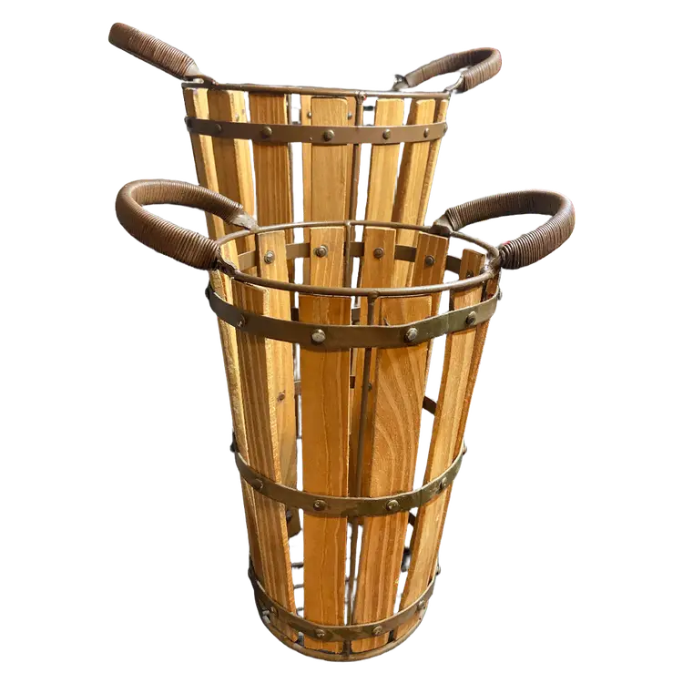 2 Vintage Slat Teak Wood Baskets w/ Cast Iron Handles, 13.75" & 10.5"