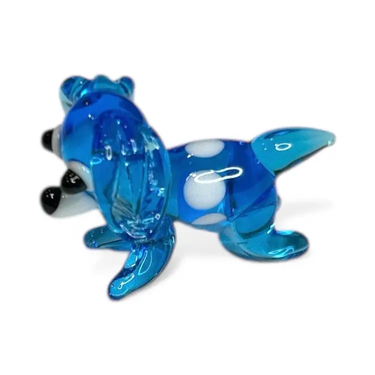 Mini Blue Derpy Kneeling Blue Dog Art Glass Figurine With Christmas Stocking