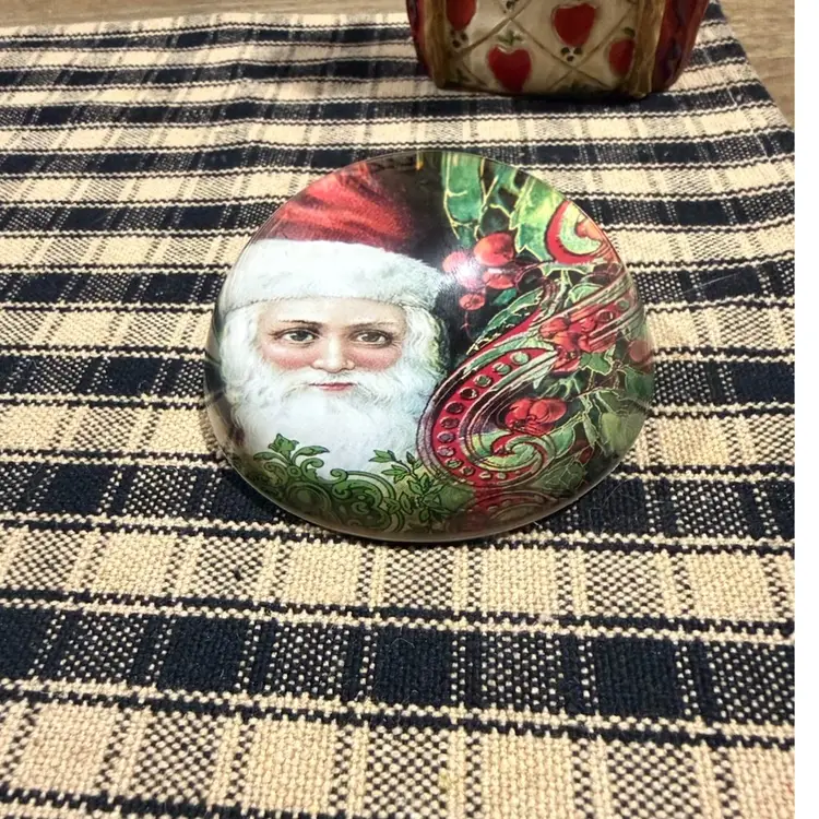 Vintage Glass Santa Clause And Holly Paperweight