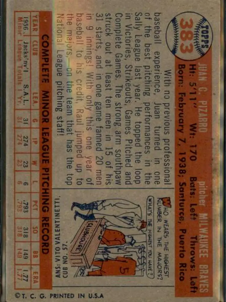 1957 Topps #383 Juan Pizarro - ( pk1 ) - Milwaukee Braves