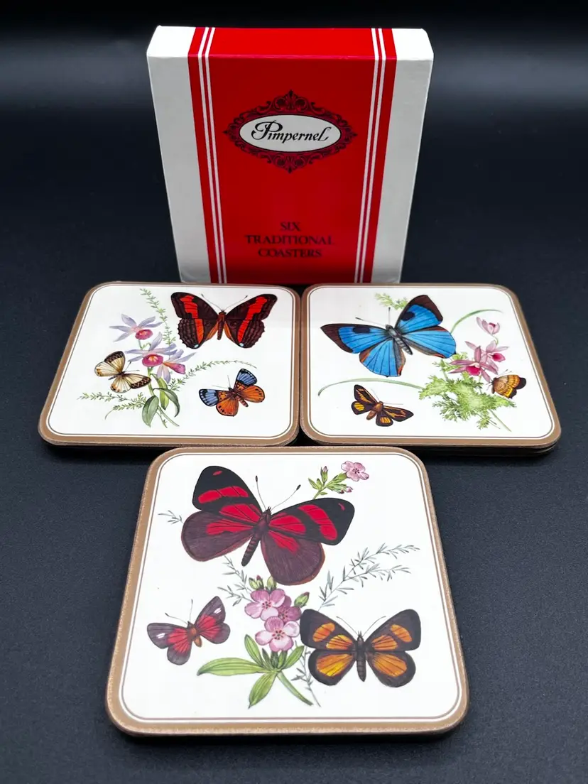#41 Brand New Pimpernel Set Of 6 Butterfly Coasters Cork Back 4” 🦋