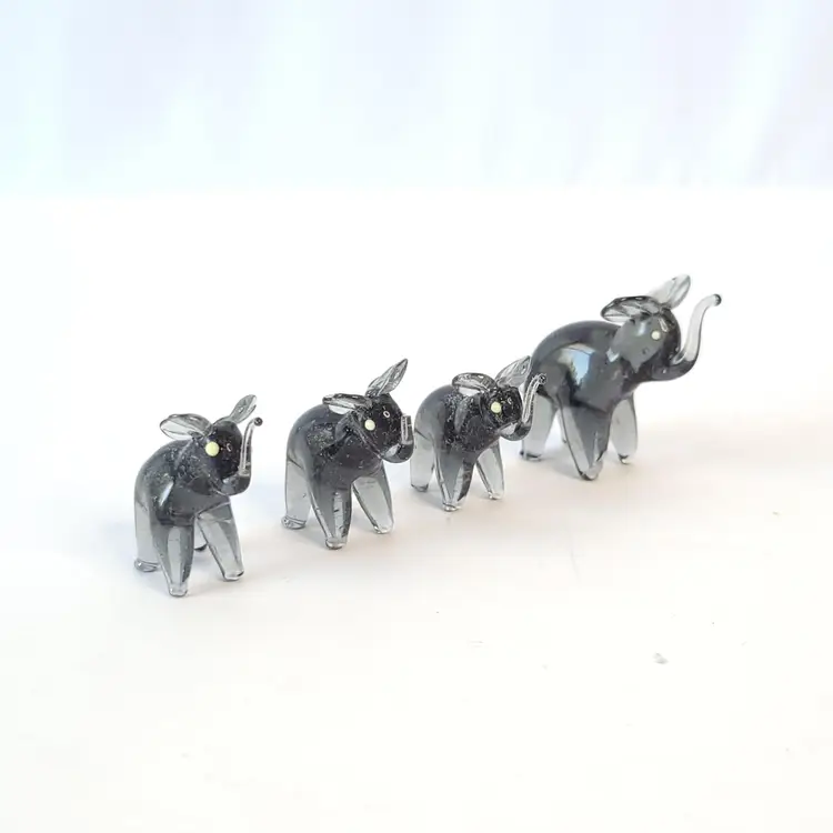 Set of 4 Vintage Handblown Glass Miniature Black Elephant Figurines Family
