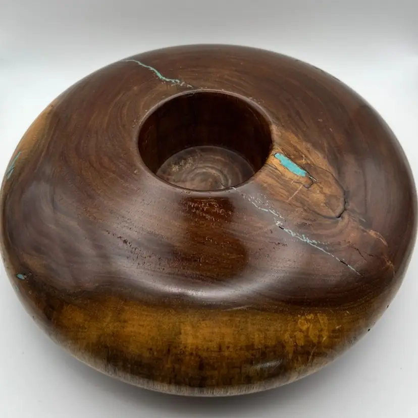 Hand Crafted Hand Turned Wooden Votive Candle Holder Faux Turquoise Inlay