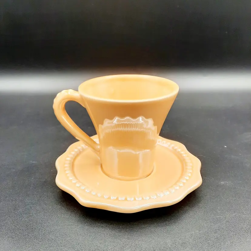Golden Butter Yellow Luster Beaded Cup & Saucer Pereiras Portugal