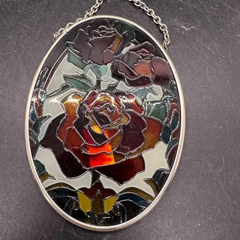 9. VTG Joan Baker hand-painted floral stained glass suncatcher featuring roses