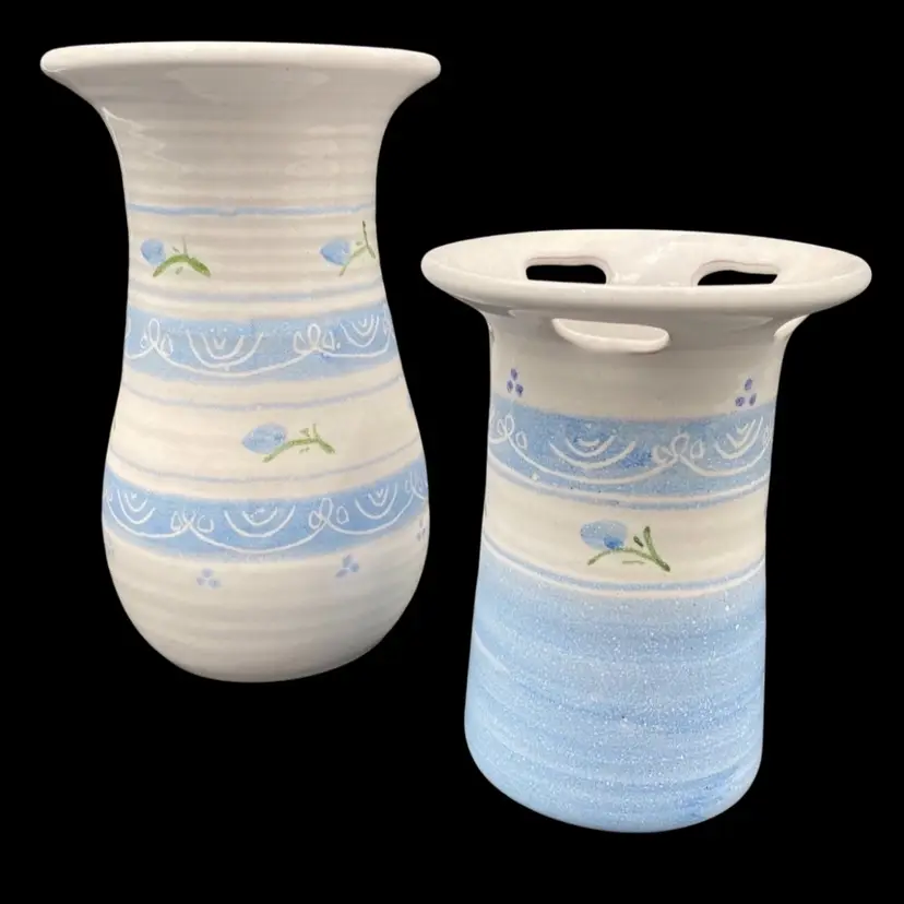 Vintage Handmade Vases/Reticulated Utensil Holder, Blue Flowers, The Pottery, Dalton, PA