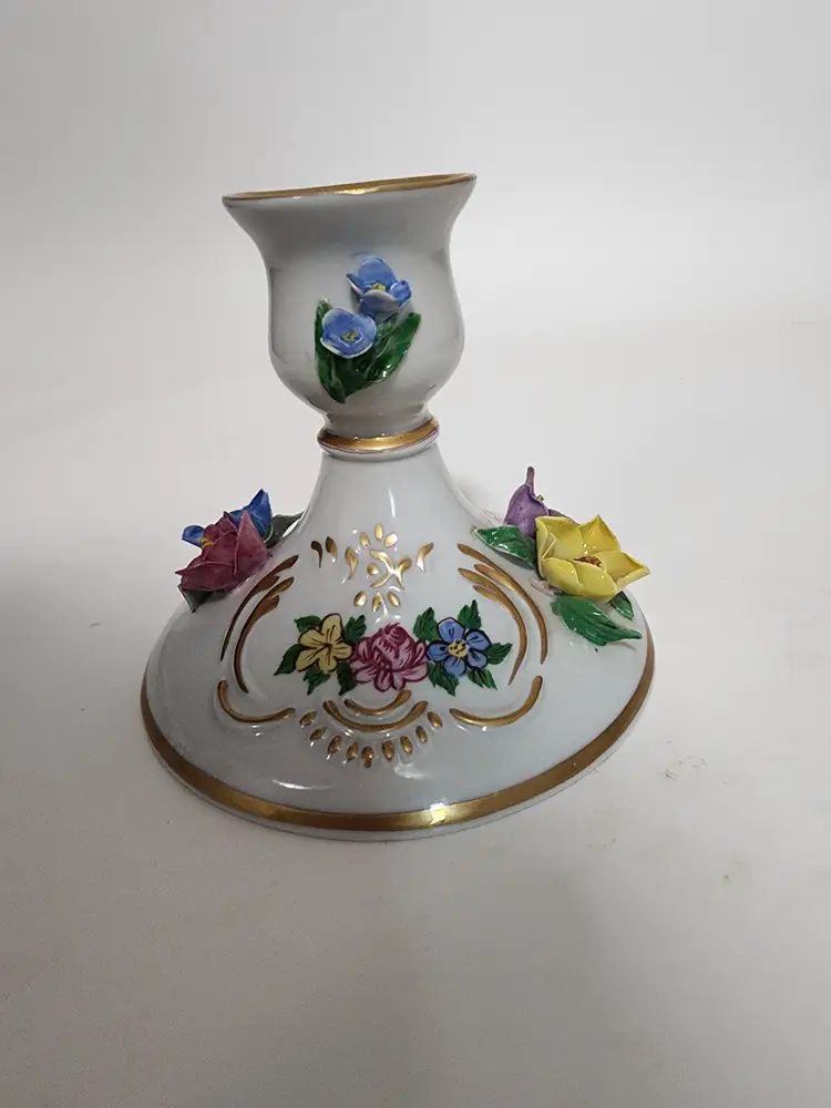 Vtg Dresdan Porcelain Candlestick Holder Floral Gold Trim