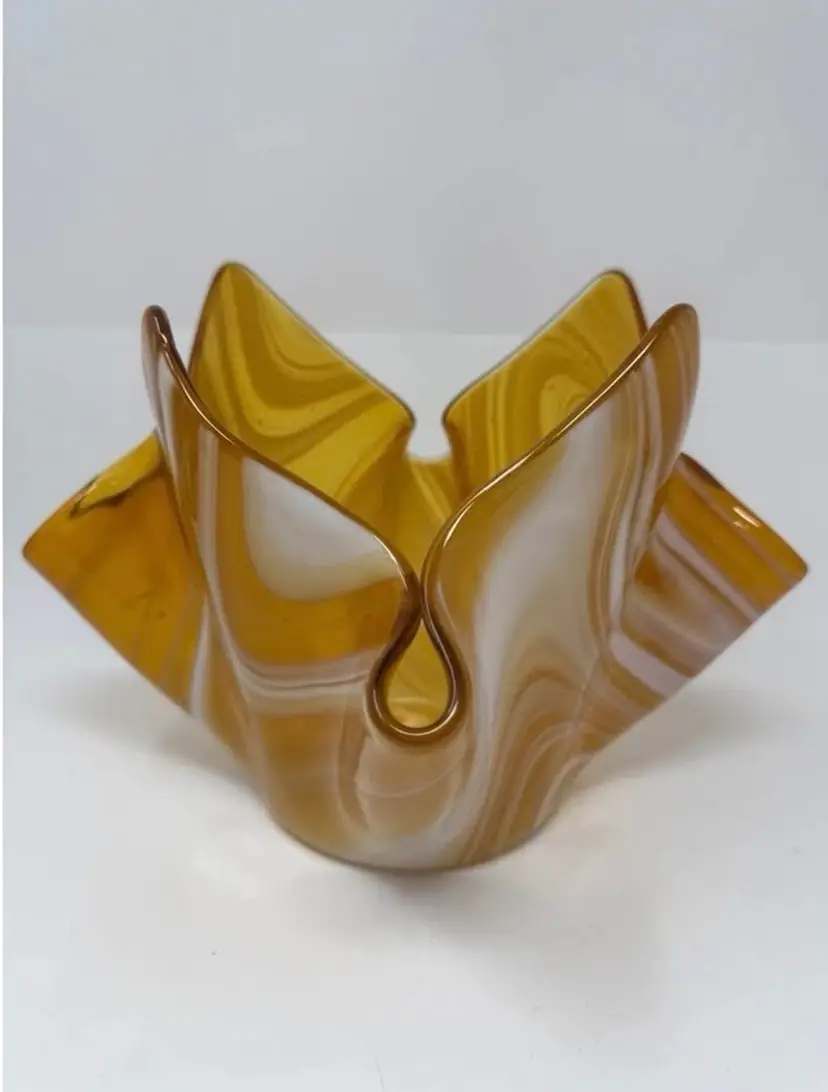 ART Slag GLASS HANDKERCHIEF BOWL BROWN AMBER CASED RIBBON VINTAGE STUDIO ART GLASS