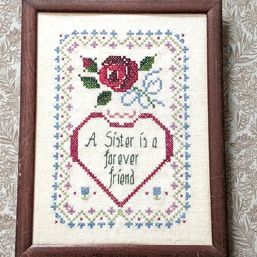 Vtg Handmade A Sister Is A Forever Friend Embroidery Cross Stitch Framed Artwork