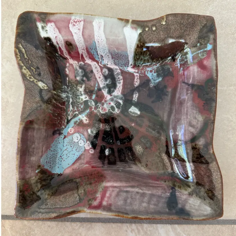 Handmade Glazed Ceramic Square Dish Multicolor studio pottery Artist signed 7”