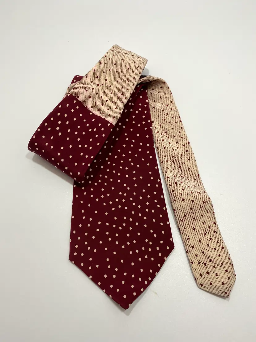 Vintage Guy Laroche Burgundy and Off White Small Check All Silk Tie 57.25" x 3.75"