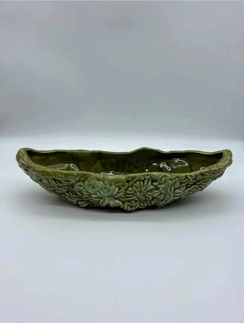 Vintage Green Canoe Ceramic Porcelain Gloss Glaze Planter