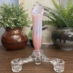 Vtg Fostoria Heirloom Pink Opalescent Epergne with 3 Peg Candleholder & Vase