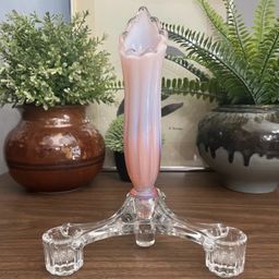 Vtg Fostoria Heirloom Pink Opalescent Epergne with 3 Peg Candleholder & Vase