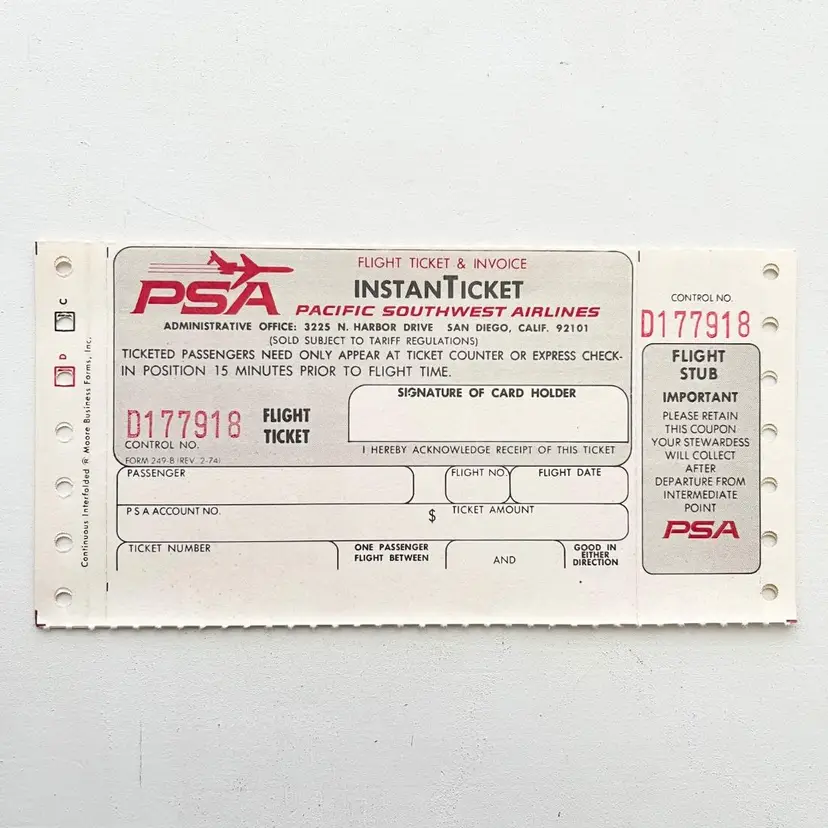 Pacific Southwest Airlines Flight Paper Ticket Stub Vtg 1970s PSA Instant Travel