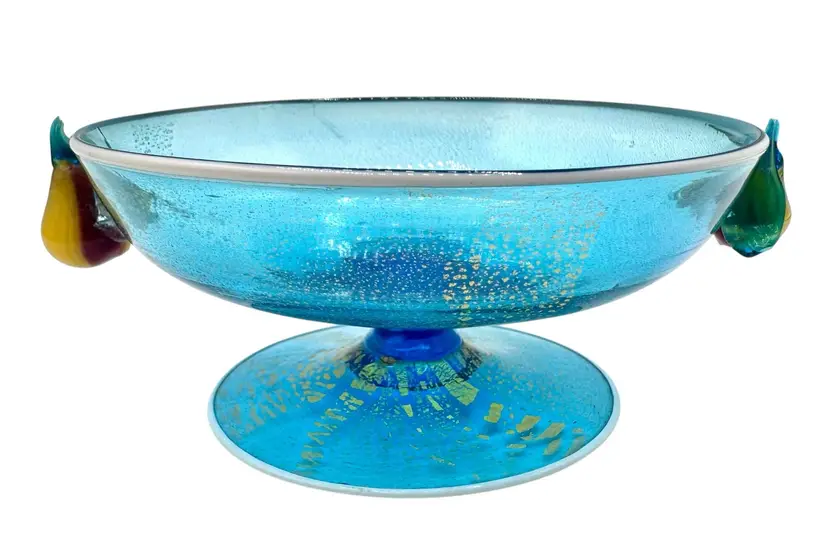 Antique Salviati Murano Venetian Glass Compote Sherbet Blue Gold Pear Fruit 2”