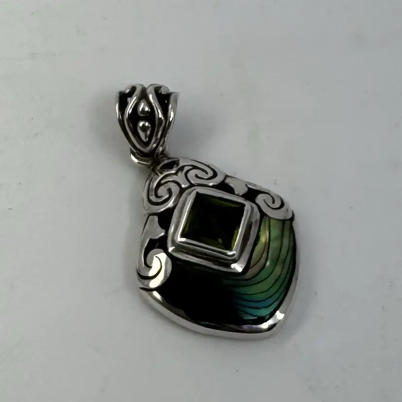 Vintage Genuine Abalone Shell And Peridot .925 Sterling Silver Pendant