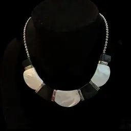 Vintage 925 Sterling DTR  Statement Necklace With Mother Of Pearl & Black Onyx . Signed DTR ( Desert Rose Trading) Jewelry Company Founded By Jay King.