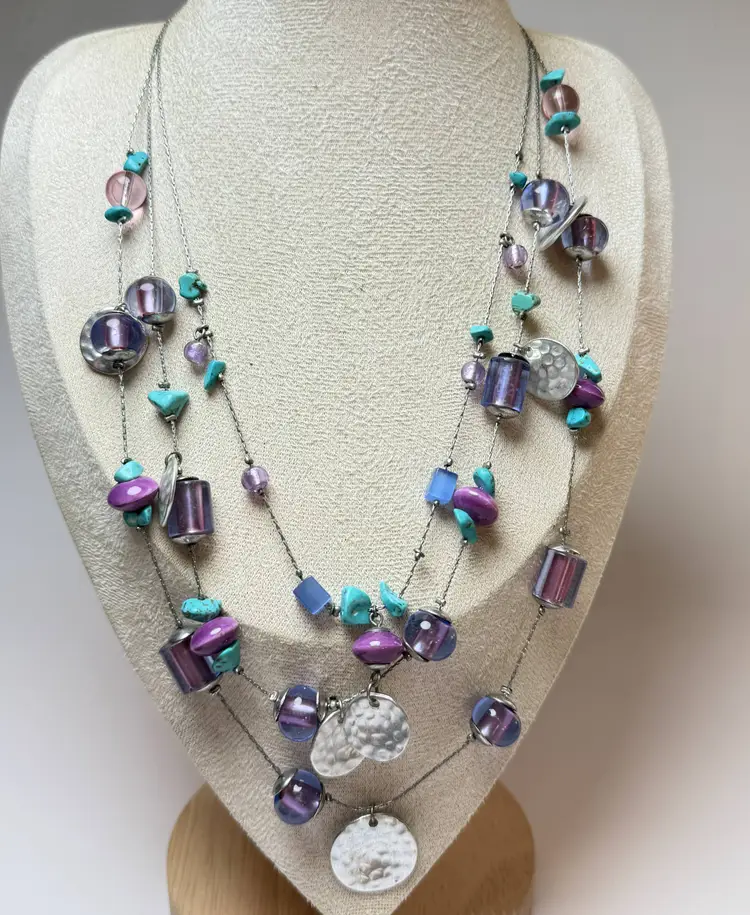 3 Strand 22" Glass Beaded Necklace Turquoise Chips Silver Tone Hammered Disks