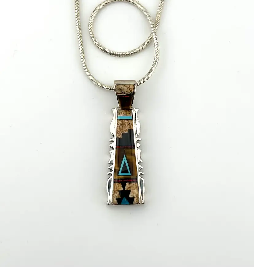 Vintage Signed Calvin Begay Navajo Sterling Silver Stone Pendant Necklace 16β