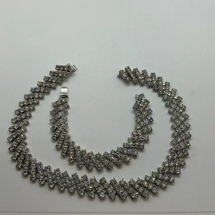 Vintage Silver Tone Statement Art Deco Rhinestone Choker Necklace & Bracelet Set