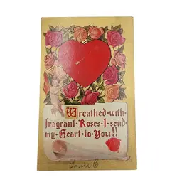 Antique Gold Foil Valentine Postcard With Heart Roses & Poem Sentimental Charm Early 1900s