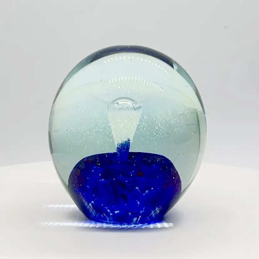 #027- 3” Paperweight Eickholt Art Glass Fountain Vortex Magnum Dichroic Iridescent Blue Base Signed 1997 Large Controlled Bubble