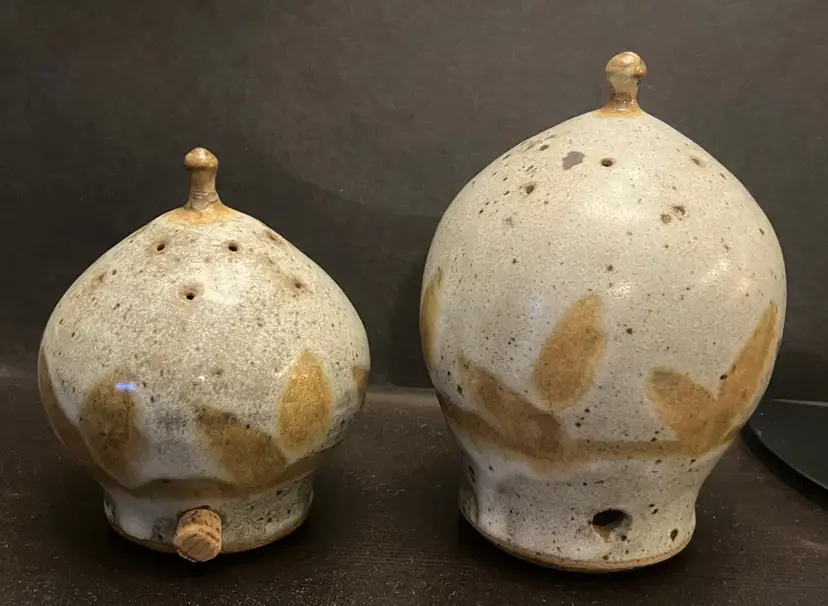 2 Studio Pottery Shakers Brown Glaze 12 openings Artist signed