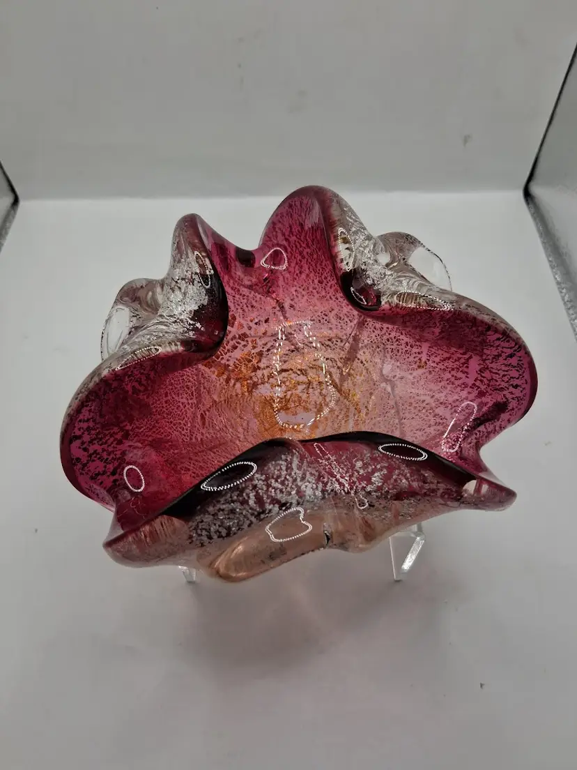 MCM Murano Hand-Blown Sommerso Folded Cranberry, Orange & Silver Aventurine Ashtray Bowl